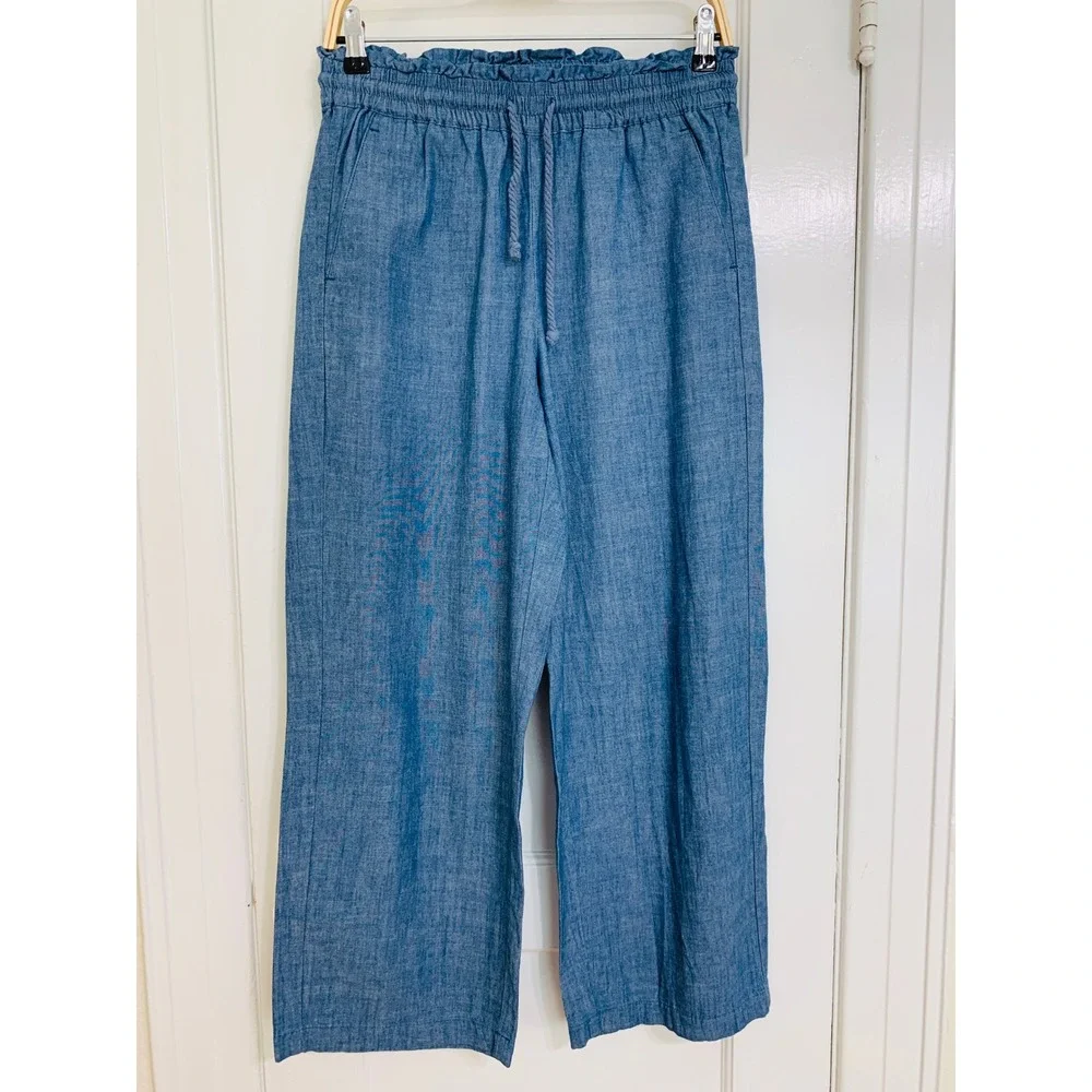 J Crew Womens Chambray Wide-Leg Drawstring Pant Med Echo Blue Wash Size 4